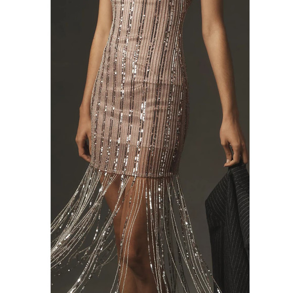 New Anthropologie Maeve Scoop-Neck Beaded Fringe Midi Dress $268 SIZE 14P Mauve - Picture 4 of 10